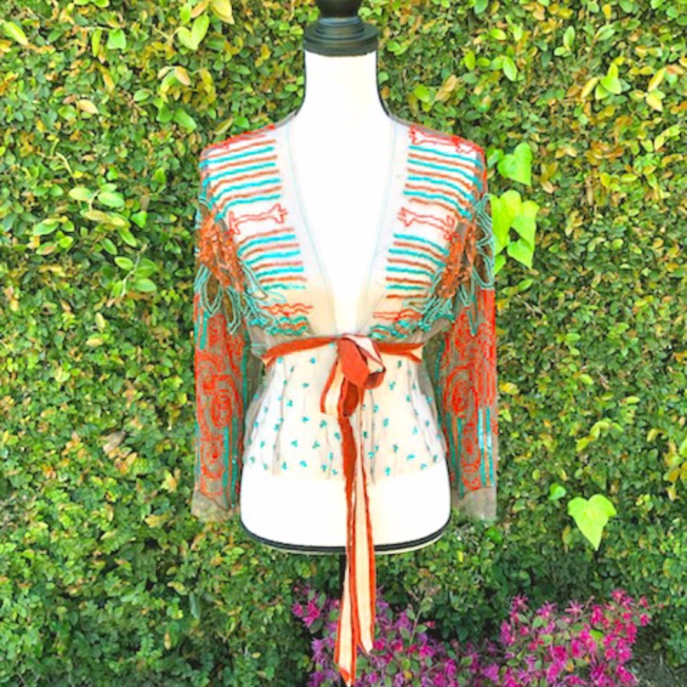 Rosae Nichols Turquoise and Red Beaded Top